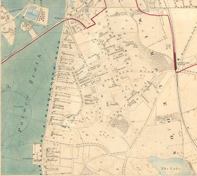 Alte Farbkarte von Süd-London, 1891 - Wandsworth, Wimbledon, Putney, Earlsfield, River Wandle - SW15, SW18, SW19 