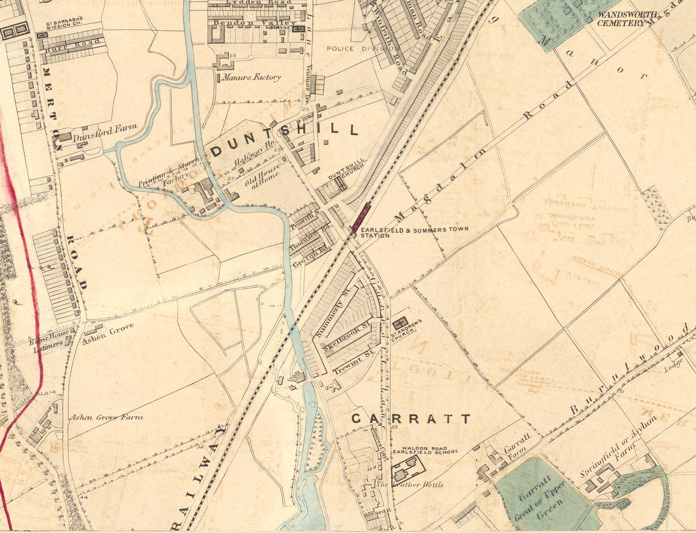 Alte Farbkarte von Süd-London, 1891 - Wandsworth, Wimbledon, Putney, Earlsfield, River Wandle - SW15, SW18, SW19 