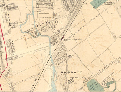 Alte Farbkarte von Süd-London, 1891 - Wandsworth, Wimbledon, Putney, Earlsfield, River Wandle - SW15, SW18, SW19 