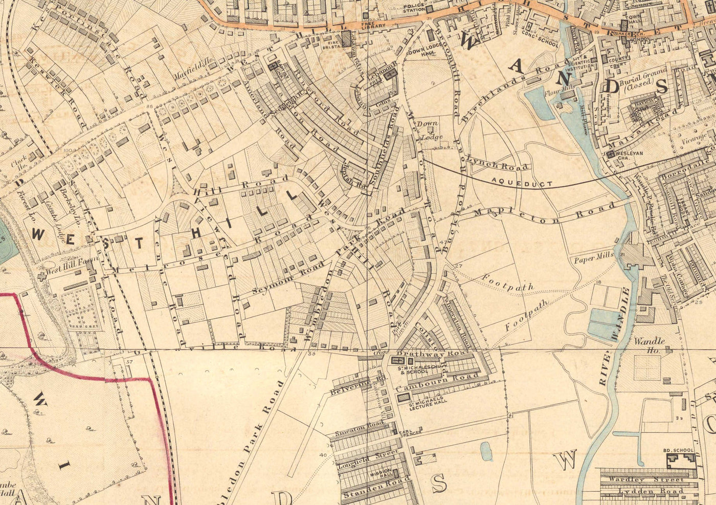 Alte Farbkarte von Süd-London, 1891 - Wandsworth, Wimbledon, Putney, Earlsfield, River Wandle - SW15, SW18, SW19 