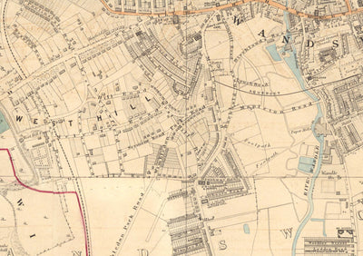 Alte Farbkarte von Süd-London, 1891 - Wandsworth, Wimbledon, Putney, Earlsfield, River Wandle - SW15, SW18, SW19 