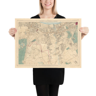 Alte Farbkarte von Süd-London, 1891 - Wandsworth, Wimbledon, Putney, Earlsfield, River Wandle - SW15, SW18, SW19 