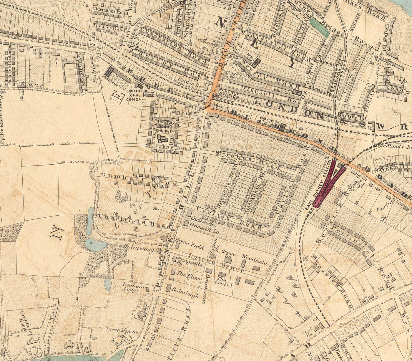 Alte Farbkarte von Süd-London, 1891 - Wandsworth, Wimbledon, Putney, Earlsfield, River Wandle - SW15, SW18, SW19 