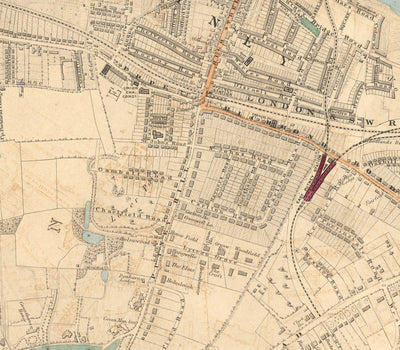Alte Farbkarte von Süd-London, 1891 - Wandsworth, Wimbledon, Putney, Earlsfield, River Wandle - SW15, SW18, SW19 
