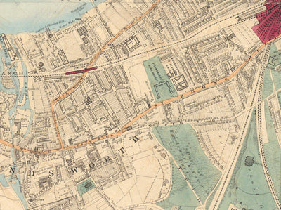 Alte Farbkarte von Süd-London, 1891 - Wandsworth, Wimbledon, Putney, Earlsfield, River Wandle - SW15, SW18, SW19 