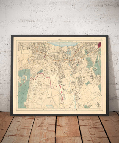 Alte Farbkarte von Süd-London, 1891 - Wandsworth, Wimbledon, Putney, Earlsfield, River Wandle - SW15, SW18, SW19 