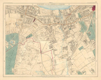 Alte Farbkarte von Süd-London, 1891 - Wandsworth, Wimbledon, Putney, Earlsfield, River Wandle - SW15, SW18, SW19 