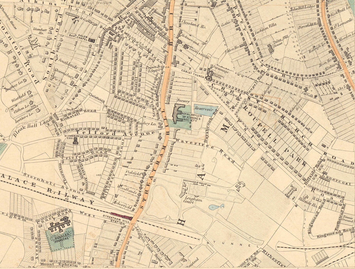 Antiguo mapa en color del sur de Londres, 1891 - Clapham, Balham, Brixton, Tooting, Common, Park - SW2, SW4, SW12, SW17, SW11