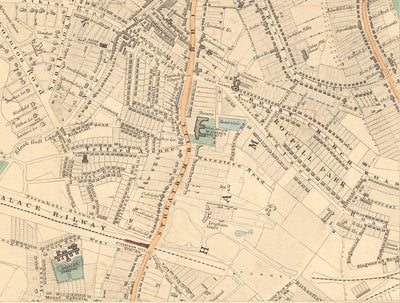 Antiguo mapa en color del sur de Londres, 1891 - Clapham, Balham, Brixton, Tooting, Common, Park - SW2, SW4, SW12, SW17, SW11
