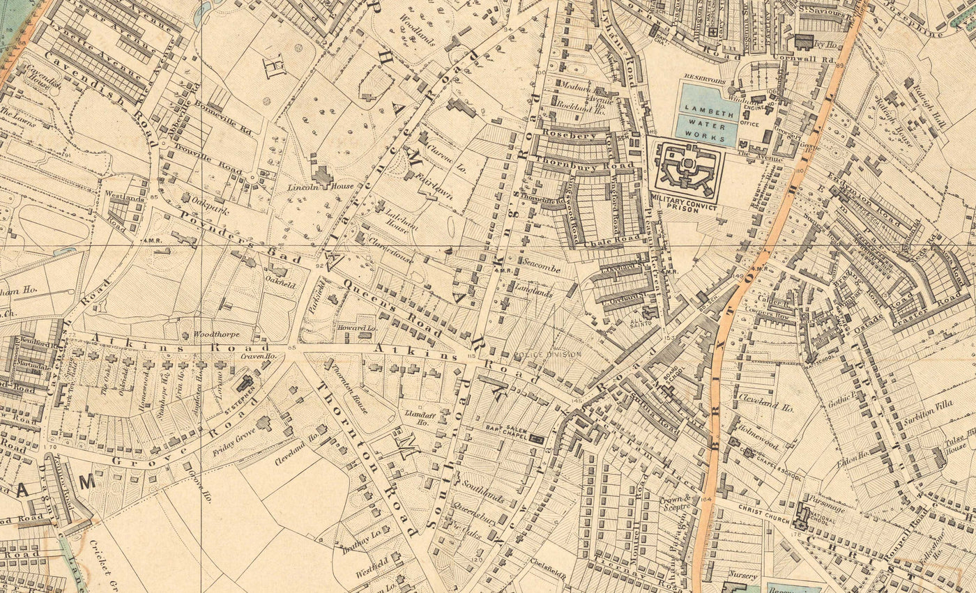 Antiguo mapa en color del sur de Londres, 1891 - Clapham, Balham, Brixton, Tooting, Common, Park - SW2, SW4, SW12, SW17, SW11