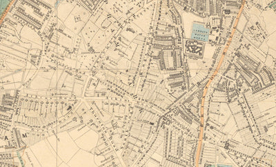 Antiguo mapa en color del sur de Londres, 1891 - Clapham, Balham, Brixton, Tooting, Common, Park - SW2, SW4, SW12, SW17, SW11