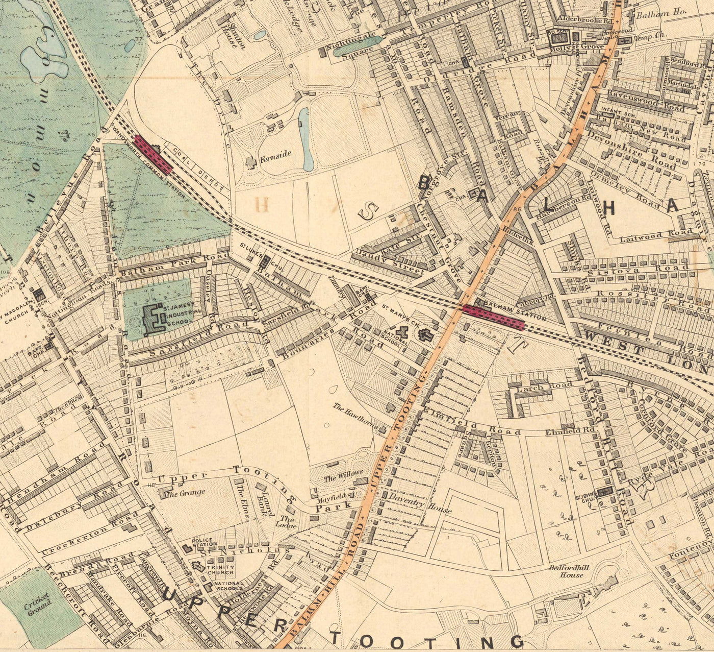 Antiguo mapa en color del sur de Londres, 1891 - Clapham, Balham, Brixton, Tooting, Common, Park - SW2, SW4, SW12, SW17, SW11