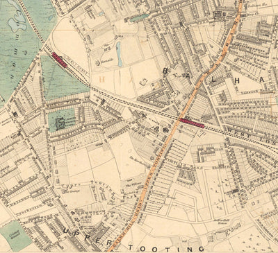 Antiguo mapa en color del sur de Londres, 1891 - Clapham, Balham, Brixton, Tooting, Common, Park - SW2, SW4, SW12, SW17, SW11