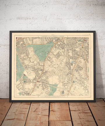 Vecchia mappa a colori del sud di Londra, 1891 - Clapham, Balham, Brixton, Tooting, Common, Park - SW2, SW4, SW12, SW17, SW11 
