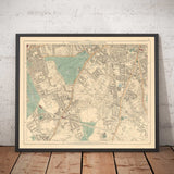Ancienne carte en couleur du sud de Londres, 1891 - Clapham, Balham, Brixton, Tooting, Common, Park - SW2, SW4, SW12, SW17, SW11