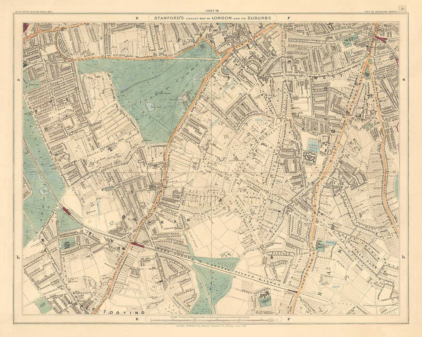 Antiguo mapa en color del sur de Londres, 1891 - Clapham, Balham, Brixton, Tooting, Common, Park - SW2, SW4, SW12, SW17, SW11