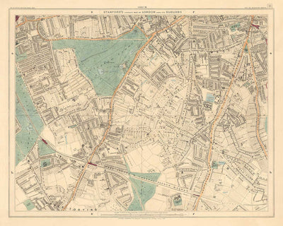 Antiguo mapa en color del sur de Londres, 1891 - Clapham, Balham, Brixton, Tooting, Common, Park - SW2, SW4, SW12, SW17, SW11