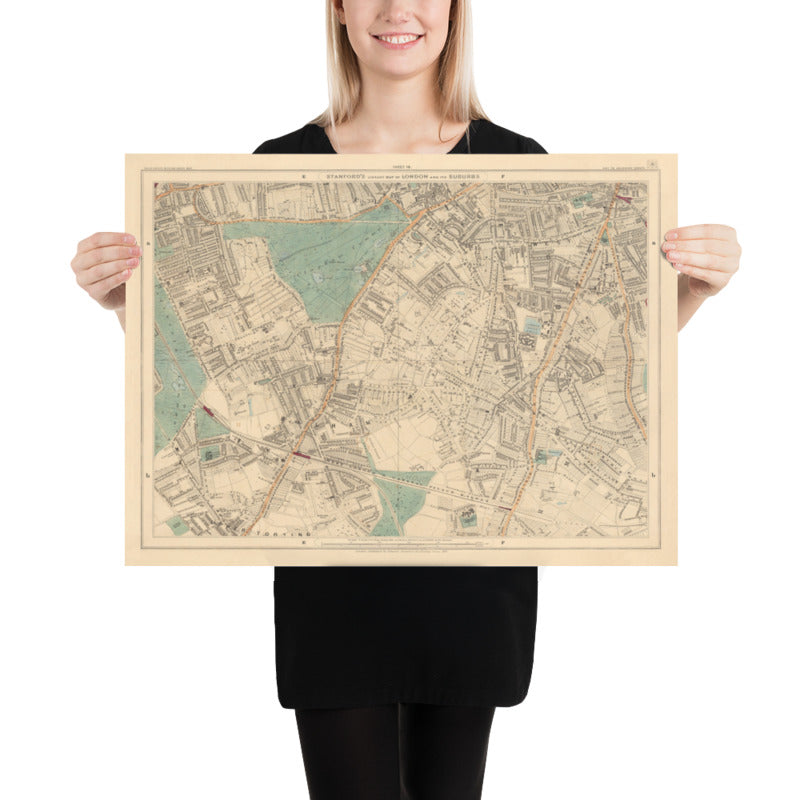 Antiguo mapa en color del sur de Londres, 1891 - Clapham, Balham, Brixton, Tooting, Common, Park - SW2, SW4, SW12, SW17, SW11