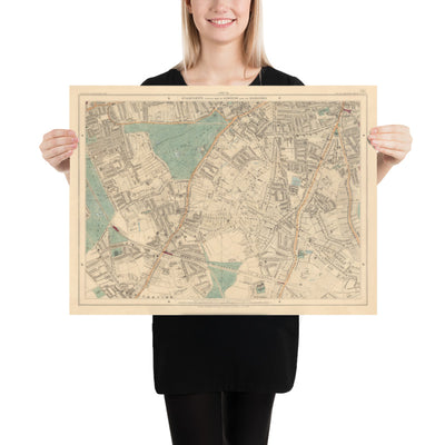 Antiguo mapa en color del sur de Londres, 1891 - Clapham, Balham, Brixton, Tooting, Common, Park - SW2, SW4, SW12, SW17, SW11