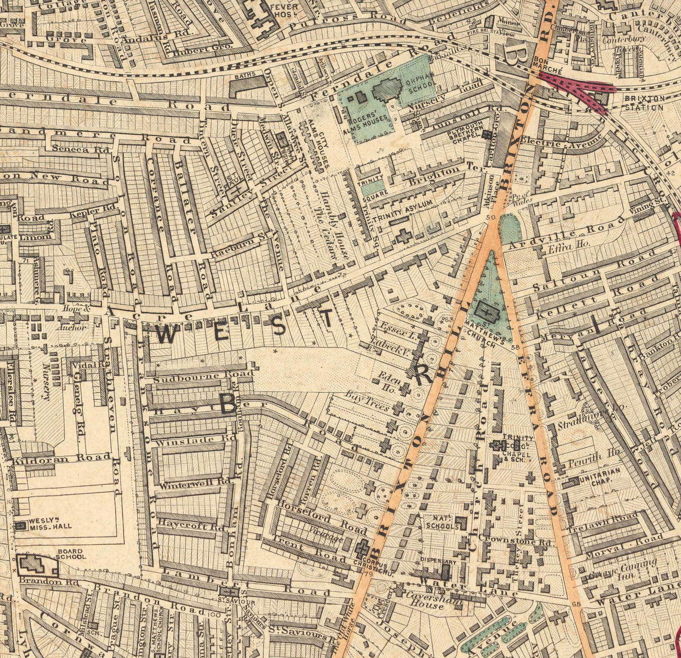 Antiguo mapa en color del sur de Londres, 1891 - Clapham, Balham, Brixton, Tooting, Common, Park - SW2, SW4, SW12, SW17, SW11