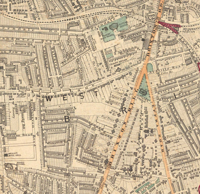 Antiguo mapa en color del sur de Londres, 1891 - Clapham, Balham, Brixton, Tooting, Common, Park - SW2, SW4, SW12, SW17, SW11