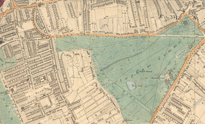 Antiguo mapa en color del sur de Londres, 1891 - Clapham, Balham, Brixton, Tooting, Common, Park - SW2, SW4, SW12, SW17, SW11