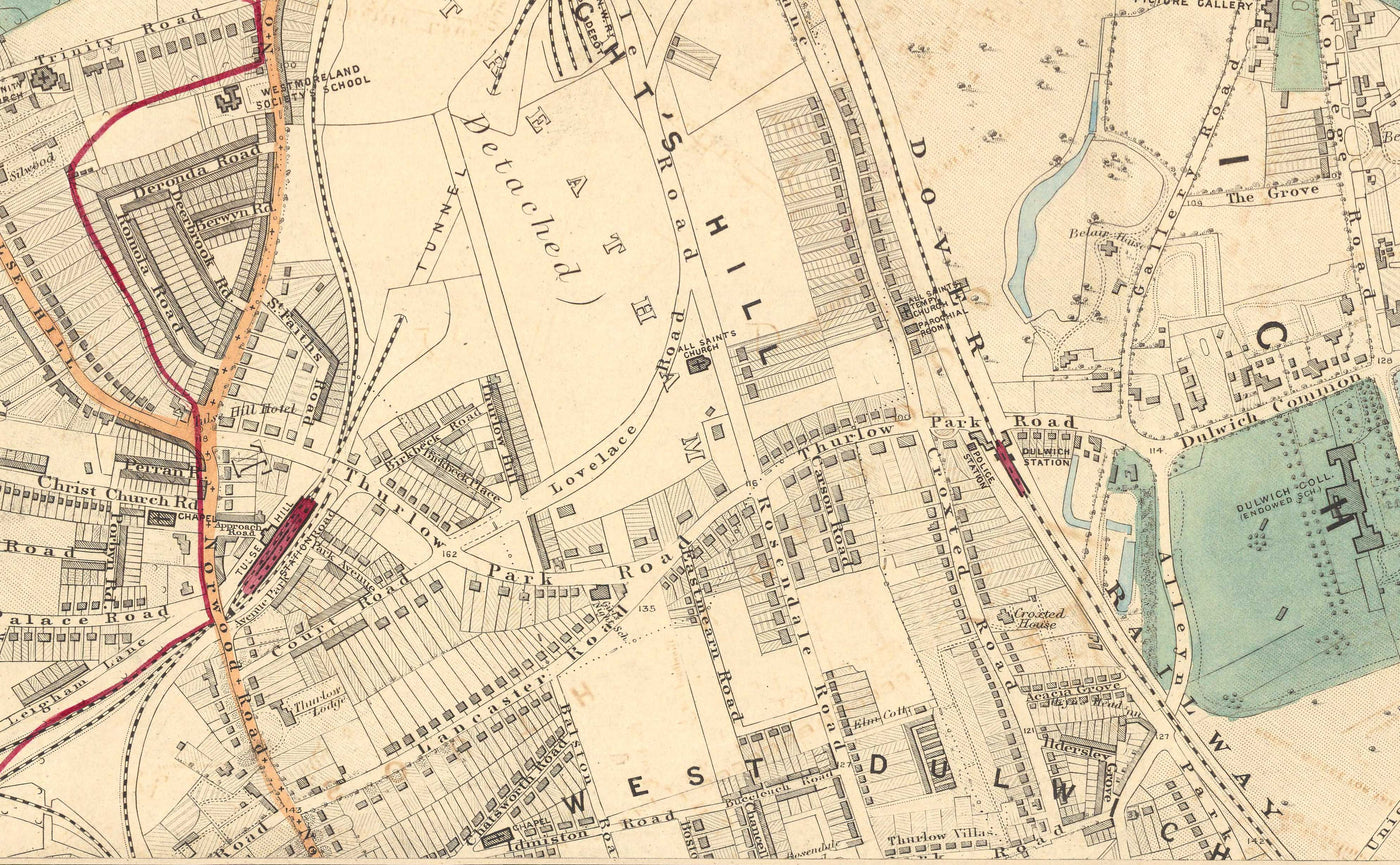 Old Colour Map of South London in 1891 - Dulwich, Peckham Rye, Herne Hill, Forest Hill - SE24, SE22, SE21, SE23