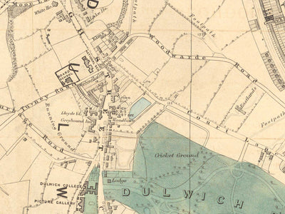 Old Colour Map of South London in 1891 - Dulwich, Peckham Rye, Herne Hill, Forest Hill - SE24, SE22, SE21, SE23