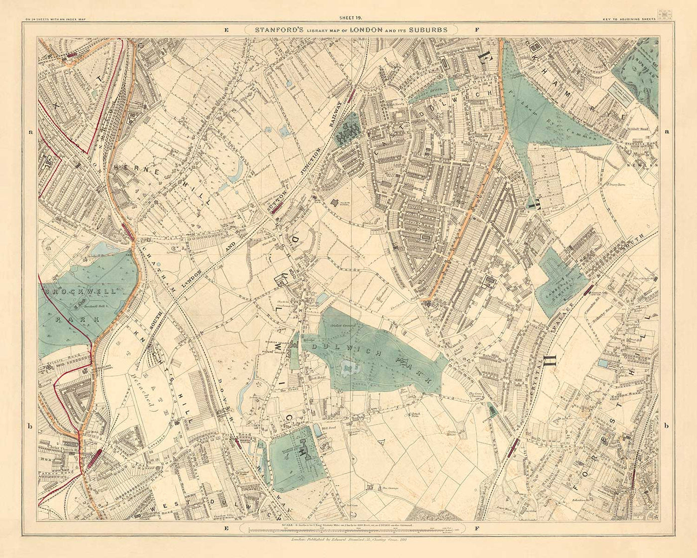 Old Colour Map of South London in 1891 - Dulwich, Peckham Rye, Herne Hill, Forest Hill - SE24, SE22, SE21, SE23