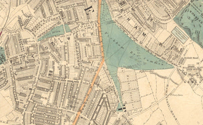 Old Colour Map of South London in 1891 - Dulwich, Peckham Rye, Herne Hill, Forest Hill - SE24, SE22, SE21, SE23