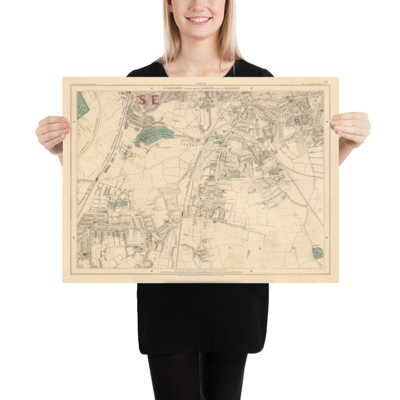 Antiguo mapa en color del sureste de Londres, 1891 - Lewisham, Ladywell, Brockley, Catford - SE4, SE13, SE23, SE6