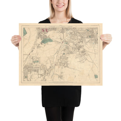 Antiguo mapa en color del sureste de Londres, 1891 - Lewisham, Ladywell, Brockley, Catford - SE4, SE13, SE23, SE6