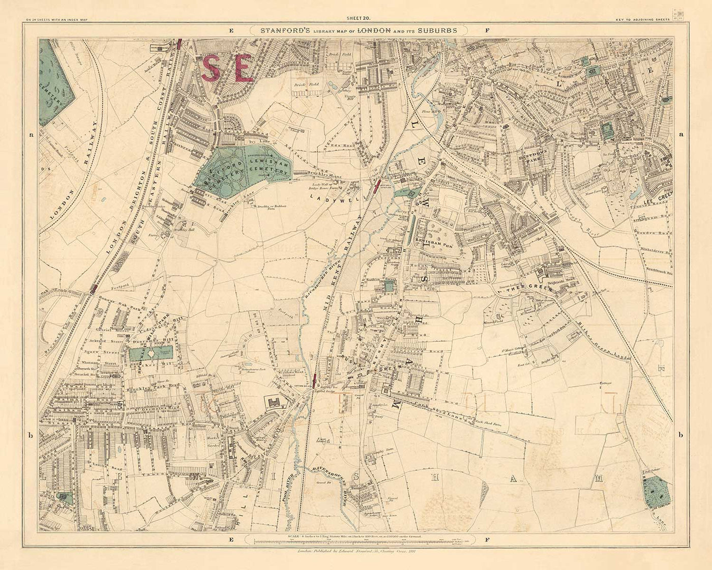 Antiguo mapa en color del sureste de Londres, 1891 - Lewisham, Ladywell, Brockley, Catford - SE4, SE13, SE23, SE6