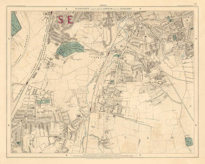 Antiguo mapa en color del sureste de Londres, 1891 - Lewisham, Ladywell, Brockley, Catford - SE4, SE13, SE23, SE6