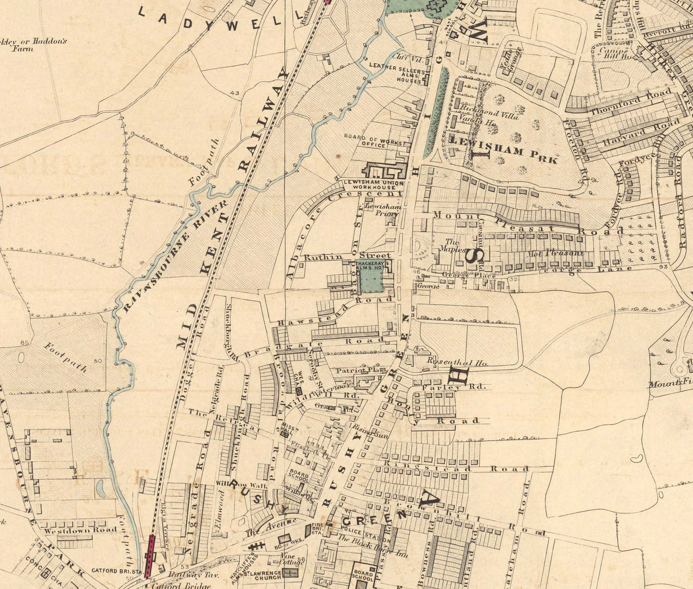 Antiguo mapa en color del sureste de Londres, 1891 - Lewisham, Ladywell, Brockley, Catford - SE4, SE13, SE23, SE6