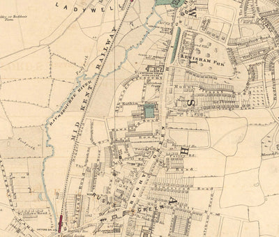 Antiguo mapa en color del sureste de Londres, 1891 - Lewisham, Ladywell, Brockley, Catford - SE4, SE13, SE23, SE6