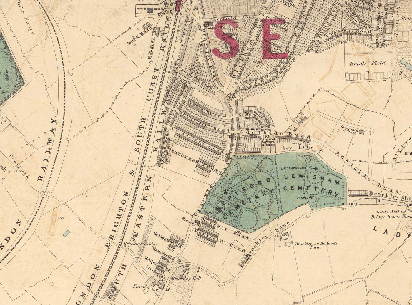 Antiguo mapa en color del sureste de Londres, 1891 - Lewisham, Ladywell, Brockley, Catford - SE4, SE13, SE23, SE6