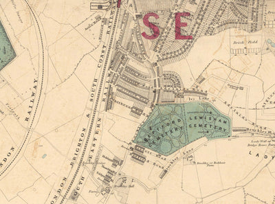 Antiguo mapa en color del sureste de Londres, 1891 - Lewisham, Ladywell, Brockley, Catford - SE4, SE13, SE23, SE6