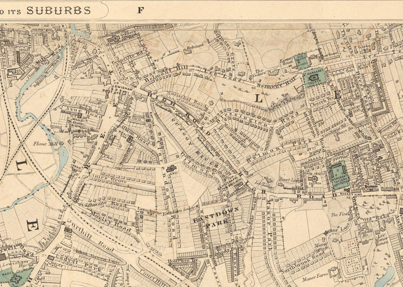 Antiguo mapa en color del sureste de Londres, 1891 - Lewisham, Ladywell, Brockley, Catford - SE4, SE13, SE23, SE6