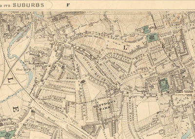 Antiguo mapa en color del sureste de Londres, 1891 - Lewisham, Ladywell, Brockley, Catford - SE4, SE13, SE23, SE6