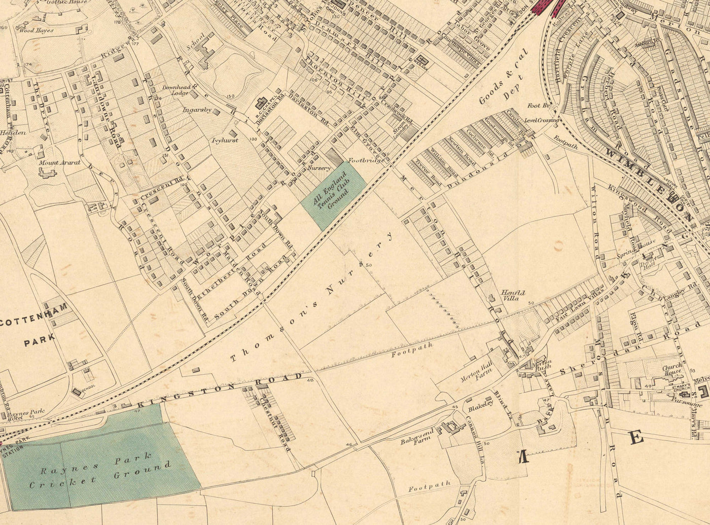 Antiguo mapa en color del suroeste de Londres, 1891 - Wimbledon, Merton, Summerstown - SW19, SW17 SW20