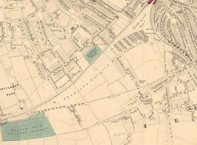 Antiguo mapa en color del suroeste de Londres, 1891 - Wimbledon, Merton, Summerstown - SW19, SW17 SW20