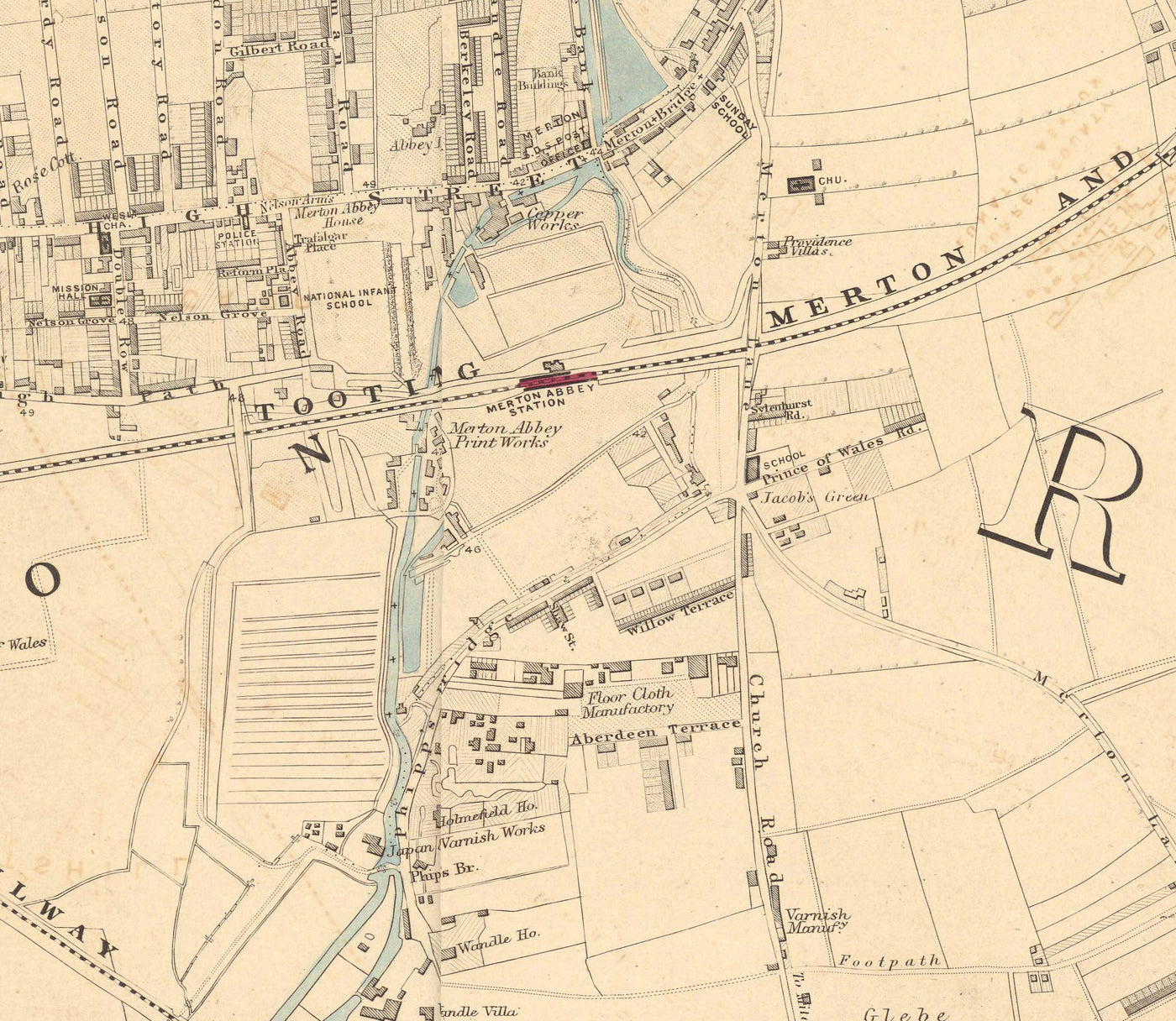 Antiguo mapa en color del suroeste de Londres, 1891 - Wimbledon, Merton, Summerstown - SW19, SW17 SW20