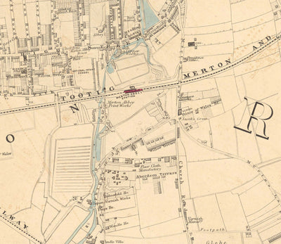 Antiguo mapa en color del suroeste de Londres, 1891 - Wimbledon, Merton, Summerstown - SW19, SW17 SW20
