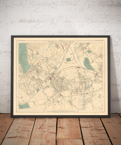 Antiguo mapa en color del suroeste de Londres, 1891 - Wimbledon, Merton, Summerstown - SW19, SW17 SW20