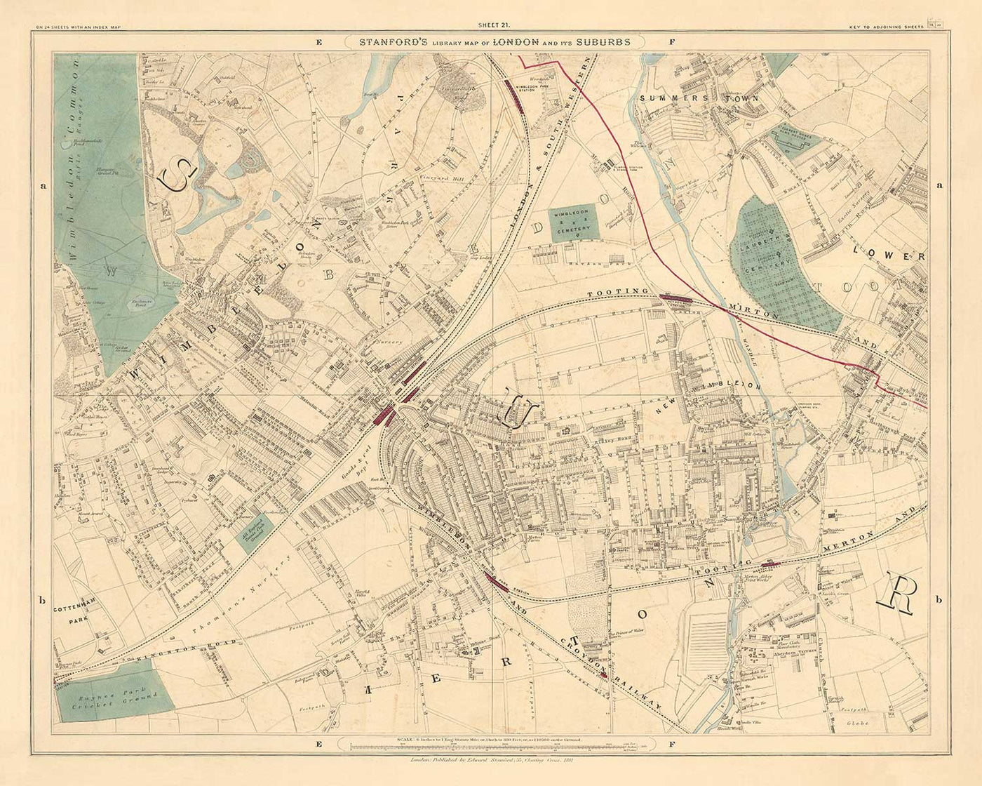 Antiguo mapa en color del suroeste de Londres, 1891 - Wimbledon, Merton, Summerstown - SW19, SW17 SW20