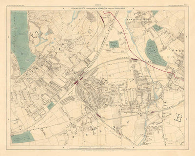 Antiguo mapa en color del suroeste de Londres, 1891 - Wimbledon, Merton, Summerstown - SW19, SW17 SW20