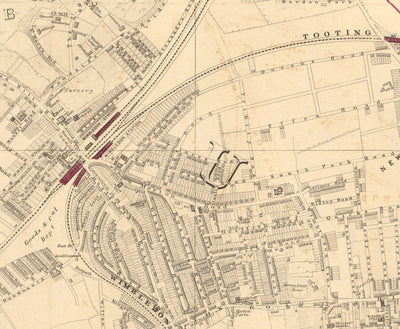 Antiguo mapa en color del suroeste de Londres, 1891 - Wimbledon, Merton, Summerstown - SW19, SW17 SW20