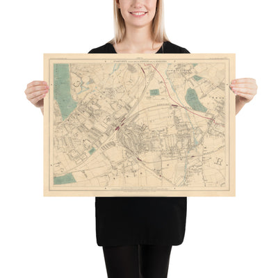 Antiguo mapa en color del suroeste de Londres, 1891 - Wimbledon, Merton, Summerstown - SW19, SW17 SW20