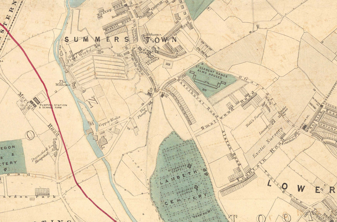 Antiguo mapa en color del suroeste de Londres, 1891 - Wimbledon, Merton, Summerstown - SW19, SW17 SW20